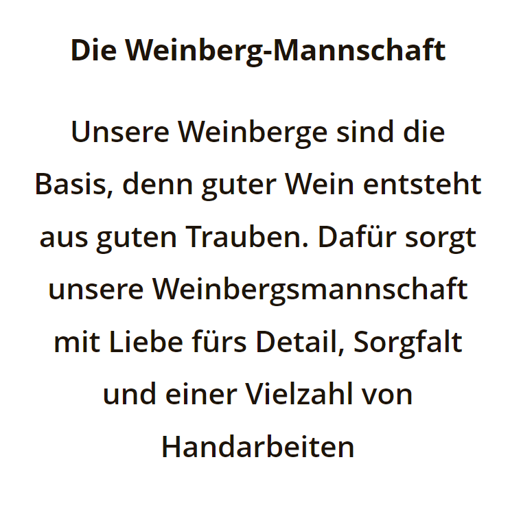 Die Weinberg-Mannschaft. Unsere Weinberge sind die Basis, denn guter Wein entsteht aus guten Trauben. Dafür sorgt unsere Weinbergmannschaft mit Liebe fürs Detail, Sorgfalt und einer Vielzahl von Handarbeiten. Die Weinberg-Mannschaft. Unsere Weinberge sind die Basis, denn guter Wein entsteht aus guten Trauben. Dafür sorgt unsere Weinbergmannschaft mit Liebe fürs Detail, Sorgfalt und einer Vielzahl von Handarbeiten.